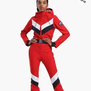 Women's Red Hooded Ski Jumpsuit with Contrast Chevron